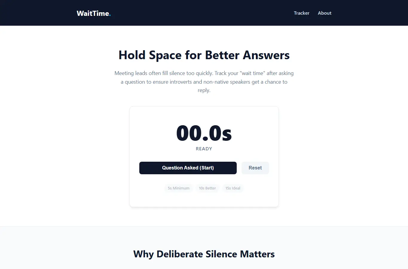 Screenshot of WaitTime: Deliberate Pause Tracker interface showing the project page in use